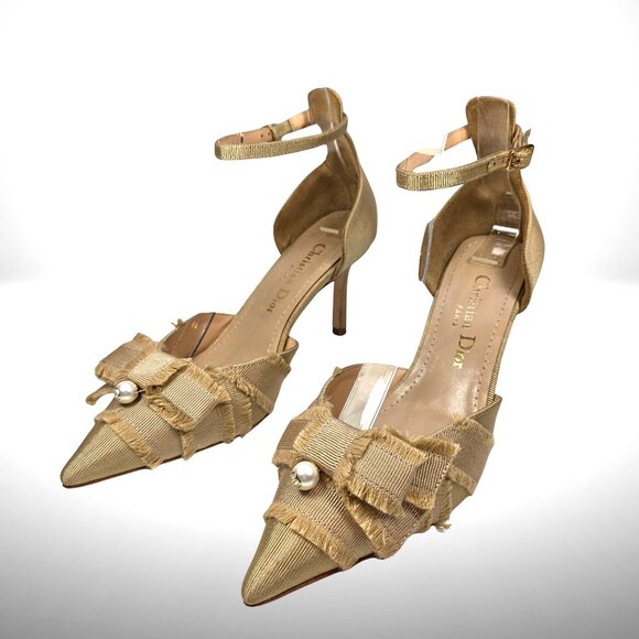 Christian Dior Gold Satin Pearl-Bow Heels – Size 38 - Picture 1 of 9